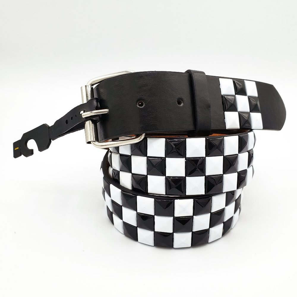 Black White Studded Leather Belt Unisex 3-Rows Metal Pyramid Size Extra Large